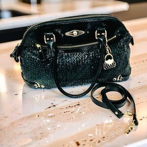 Elliott Lucca Women’s Black Snakeskin Embossed Satchel w/FREE Bag Charm